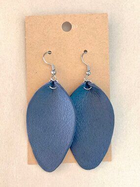 Blue genuine leather leaf-shaped earrings made with stainless steel hardware